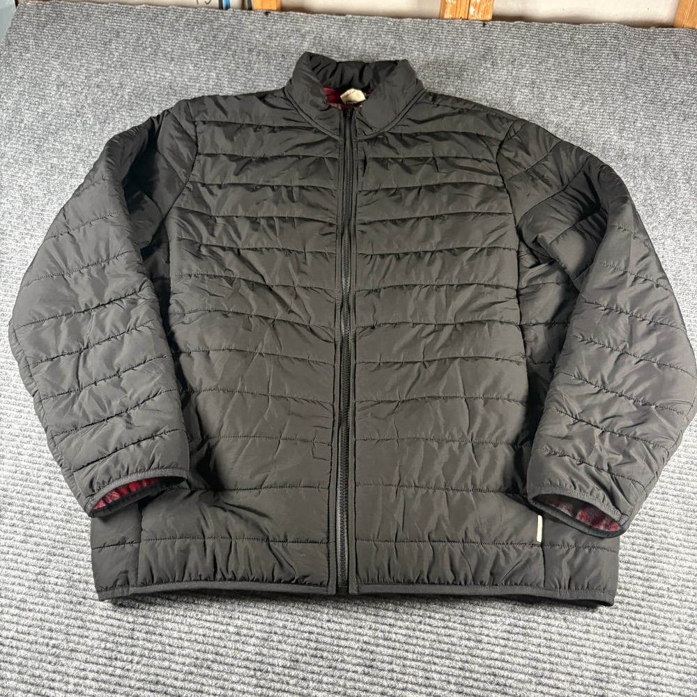 Voyager Mens Puffer Jacket Large Black Quilted Full Zip Red Plaid Fleece Lining